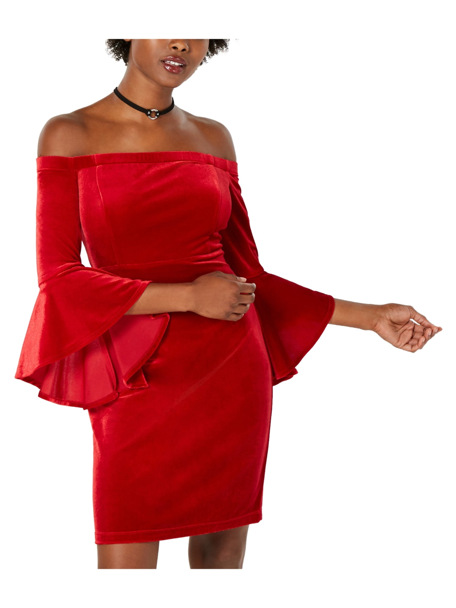 Womens Velvet Off-Shoulder Dress, Red ...